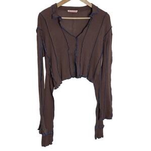 Helena Manzano Women's Long Sleeve Crop Top Size Small Brown Blue Ribbed Tie